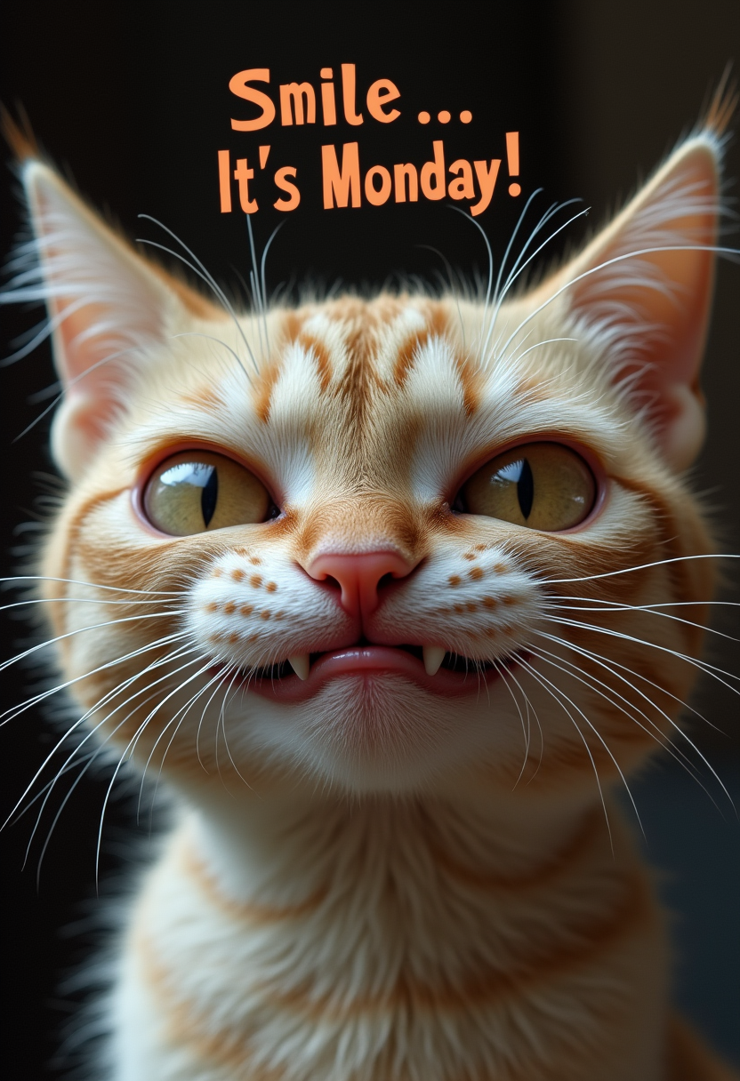 close-up of an ugly cat\'s face. Its eyes are wide open and its mouth is slightly open, revealing sharp teeth and a weird painful smile. The text above the cat reads "Smile... It\'s Monday!"
