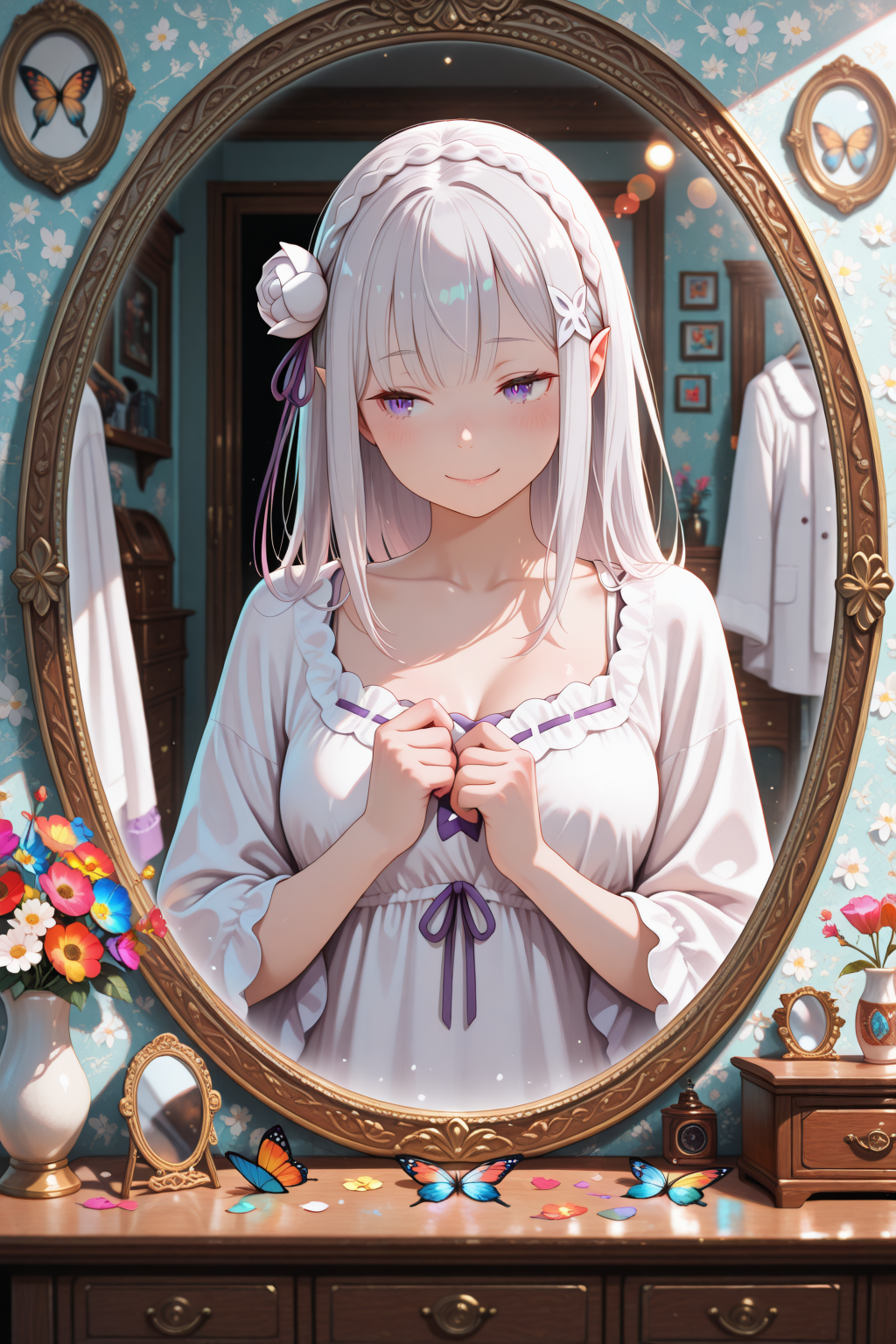 lazypos, smooth shading, glossy surfaces, luster, color depth, masterful shading, 
1girl, solo focus, emilia \(re:zero\), body blush, upper body, looking away, nightclothes, drying,  mirror, dressing room, Antique dresser, butterflies, flowers, colorful flowers and colorful butterflies, smile, flower effects, layered, depth of field, precision cut, impasto colors, cinematic composition, polarized, lens-flare, chromatic aberration,