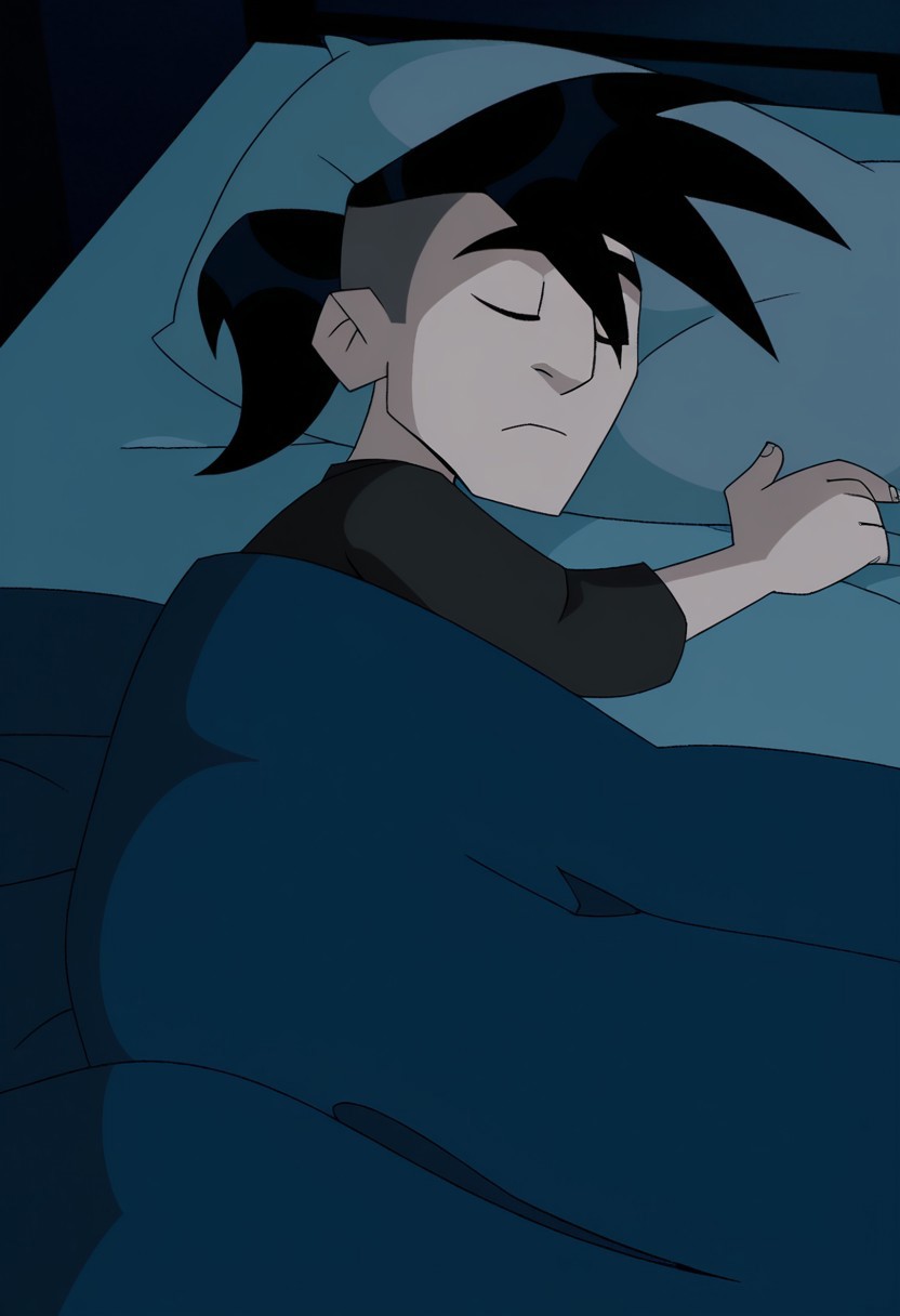 score_9, score_8_up, score_7_up, LevinDevlin, 2D animated, cartoon style 1boy, solo, Male, spiky hair with a ponytail, black hair, undercut, light skin, blue eyes, thin eyebrows, small nose, thin body, laying bed, pyjamas, sleeping, closed eyes