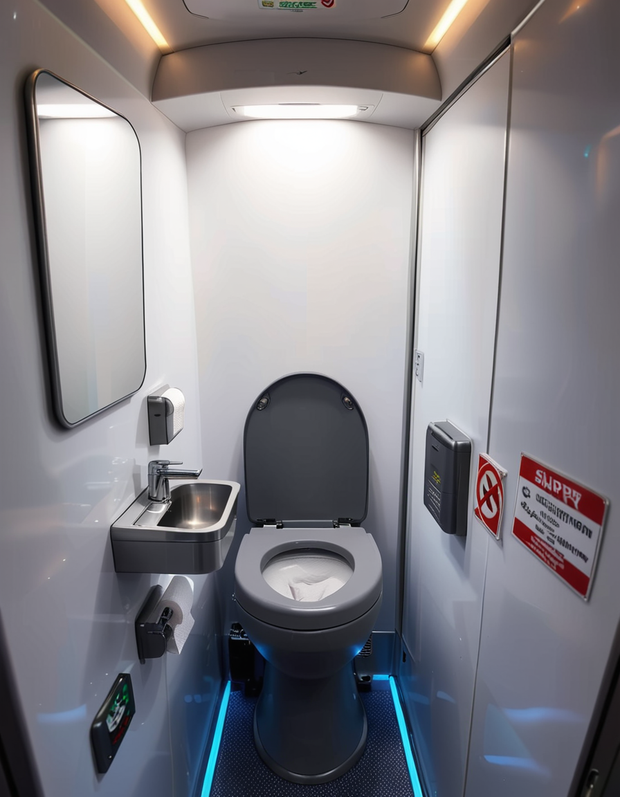 A highly detailed and realistic photograph of an airplane lavatory. The small, compact space features light gray plastic walls with subtle texture, a stainless-steel sink with a motion-sensor faucet, and a mirror reflecting the narrow interior. The toilet is sleek, with a closed lid and a small instruction sticker on top. A soft, dim overhead light illuminates the space, creating a sterile yet functional atmosphere. On the side, a dispenser for paper towels and a built-in trash compartment are visible. The door has a small lock mechanism and an 'Occupied' sign. The floor is dark, non-slip material, and there are small signs with safety instructions in multiple languages. The perspective is slightly wide-angle, capturing the entire space from a slightly tilted angle, emphasizing the compact design. 
<lora:SDXLFaeTastic2400:0.4> <lora:extremely_detailed:0.4> extremely detailed,<lora:airplane_l4v4t0ry:1>,airplane l4v4t0ry, Masterpiece,best quality,hi res,8k,hi res,8k,award winning,(sharp focus, intricate, highly detailed),
