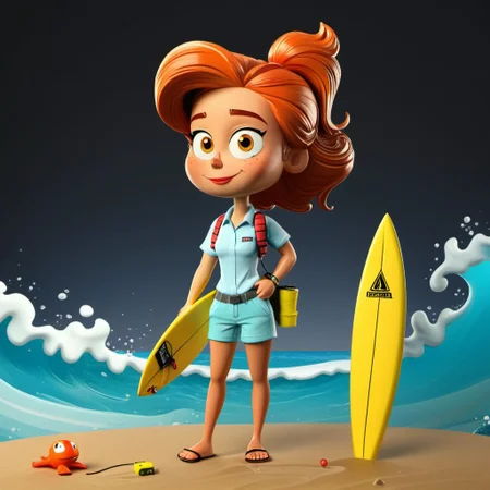 Black background, Beach girl in board shorts with surf board and  fishing gear, ((top quality,8k wallpaper)),(masterpiece,best quality:1.2),(high_resolution:1.2), black background, cartoon beach people, fishing, funny