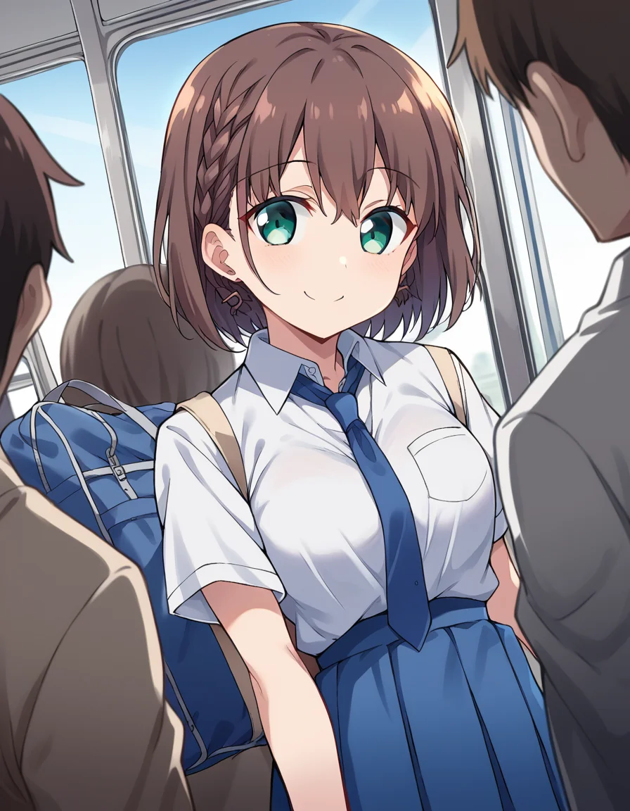 score_9, score_8_up, score_7_up, source_anime,
tawawaai, <lora:tawawa-ai-chan-ponyxl-lora-nochekaiser:1>,
ai, short hair, brown hair, green eyes, braid, side braid, smile,
skirt, shirt, jewelry, school uniform, white shirt, short sleeves, pleated skirt, earrings, necktie, collared shirt, blue skirt, blue necktie,
indoors, train, train interior,
looking at viewer, dutch angle, cowboy shot, dynamic pose,