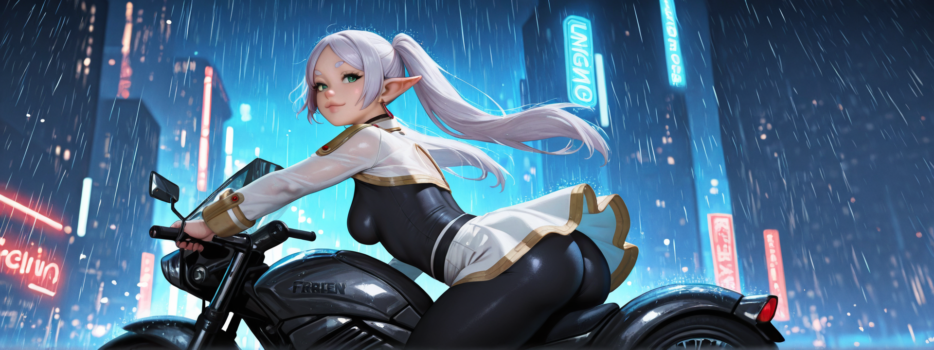 masterpiece, best quality, amazing quality, ultra detailed, 1girl, frieren, elf, lips, curvy, athletic, medium breasts, >:3, pose, white shrug, white skirt, black bodysuit, back lighting, leaning forward, pose, night, outdoors, futuristic city, riding motorbike, futuristic motorbike, particles, neon lights, rain, ambient occlusion,  <lora:SHIKARII_Style_IL:1>