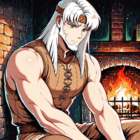 masterpiece,best quality,amazing quality, hatching (texture), FMIXF, vibrant details, vibrant colors, SSTHR, 1boy, male focus, toned male, medium hair, white hair, beard, green eyes, blunt cut, brown headband, sleeveless, brown tunic, sitting, fireplace, solo