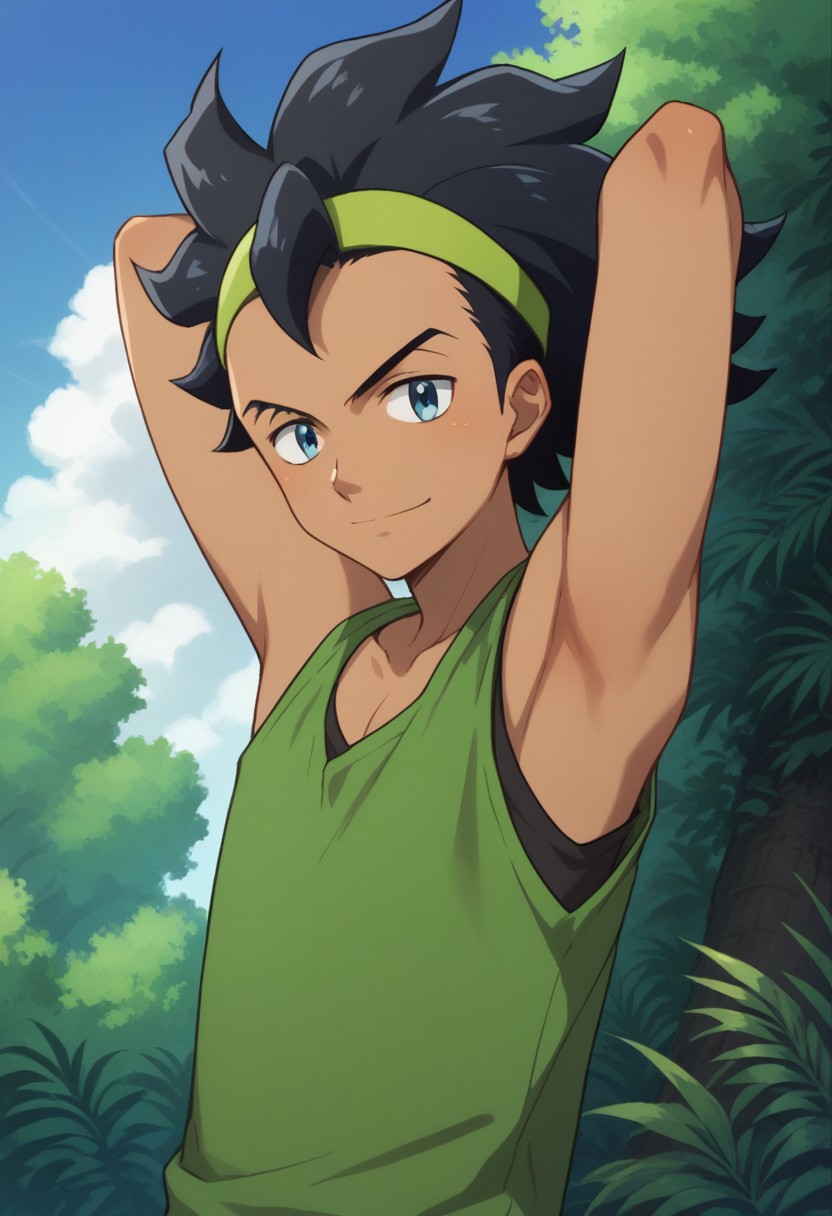 score_9, score_8_up, score_7_up, source_anime, highly detailed, 
kurama, 1boy, male focus, solo, black hair, smile, arms behind head, dark-skinned male,
dark skin, upper body, tank top, green tank top, hairband, blue eyes, headband,
outdoor, sky, tree