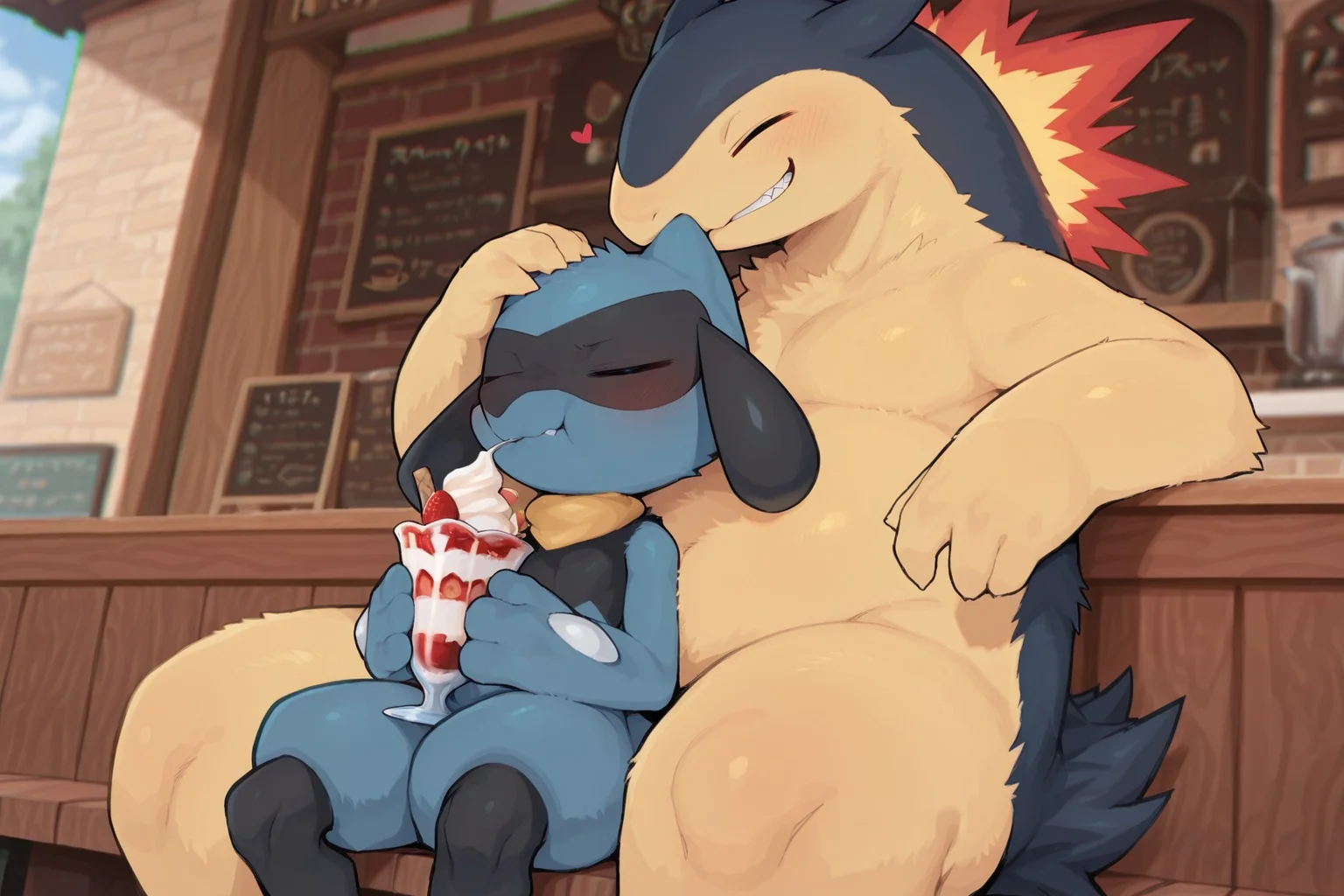 chromatic aberration, depth of field, wide angle view, Typhlosion,sitting with its head, Typhlosion's left hand supporting its cheek, right hand is gently patting or pressing on the head of Riolu, riolu,eating a sundae ice cream, chibi furry male boy, furry only, small body, short body, high-quality, anime style, vibrant colors, whimsical details, by Syuro, masterpiece, best quality, ultra-detailed, 4k resolution, café setting background, lazy pose, riolu frown, riolu with angry and unhappy emotion, ((Typhlosion super happy face, smug face, toothy grin, happy face, close eyes))

