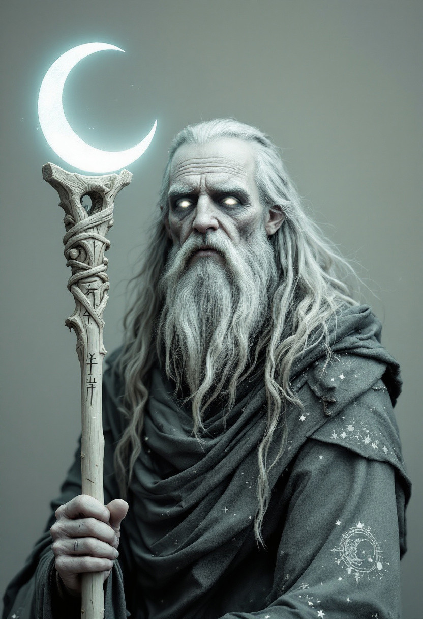 Old grainy photography, fined grain photo.
Lunar Druid Bust with Moonshadow StaffStaff: A staff crafted from pale, moonlit wood, its surface engraved with silver-glowing runes that reflect the phases of the moon. The top of the staff holds a crescent moon that glows with a soft, ethereal light, surrounded by a faint halo of moonlight.Visual Elements: The wizard’s eyes are a soft, luminous silver, glowing with the light of the moon. His skin is marked with crescent-shaped shadows that slowly move across his face and neck, like phases of the moon, showing the curse that ties him to the lunar cycle. His hair flows like moonlight, with strands that shimmer and fade into shadow.Clothing: A robe woven from silvery fabrics that seem to shift and change like the phases of the moon, adorned with patterns of stars and constellations. Parts of the robe are darkening, as if consumed by shadow, a reflection of the lunar curse.Cursed Detail: Moving crescent shadows that crawl across his skin, shifting with the phases of the moon, binding him to the eternal lunar cycle.Background: A dark, starry night sky with a crescent moon shining brightly, casting a soft, ghostly light that enhances the mystical atmosphere.