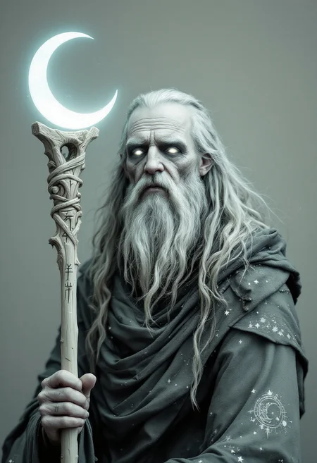 Old grainy photography, fined grain photo.
Lunar Druid Bust with Moonshadow StaffStaff: A staff crafted from pale, moonlit wood, its surface engraved with silver-glowing runes that reflect the phases of the moon. The top of the staff holds a crescent moon that glows with a soft, ethereal light, surrounded by a faint halo of moonlight.Visual Elements: The wizard’s eyes are a soft, luminous silver, glowing with the light of the moon. His skin is marked with crescent-shaped shadows that slowly move across his face and neck, like phases of the moon, showing the curse that ties him to the lunar cycle. His hair flows like moonlight, with strands that shimmer and fade into shadow.Clothing: A robe woven from silvery fabrics that seem to shift and change like the phases of the moon, adorned with patterns of stars and constellations. Parts of the robe are darkening, as if consumed by shadow, a reflection of the lunar curse.Cursed Detail: Moving crescent shadows that crawl across his skin, shifting with the phases of the moon, binding him to the eternal lunar cycle.Background: A dark, starry night sky with a crescent moon shining brightly, casting a soft, ghostly light that enhances the mystical atmosphere.