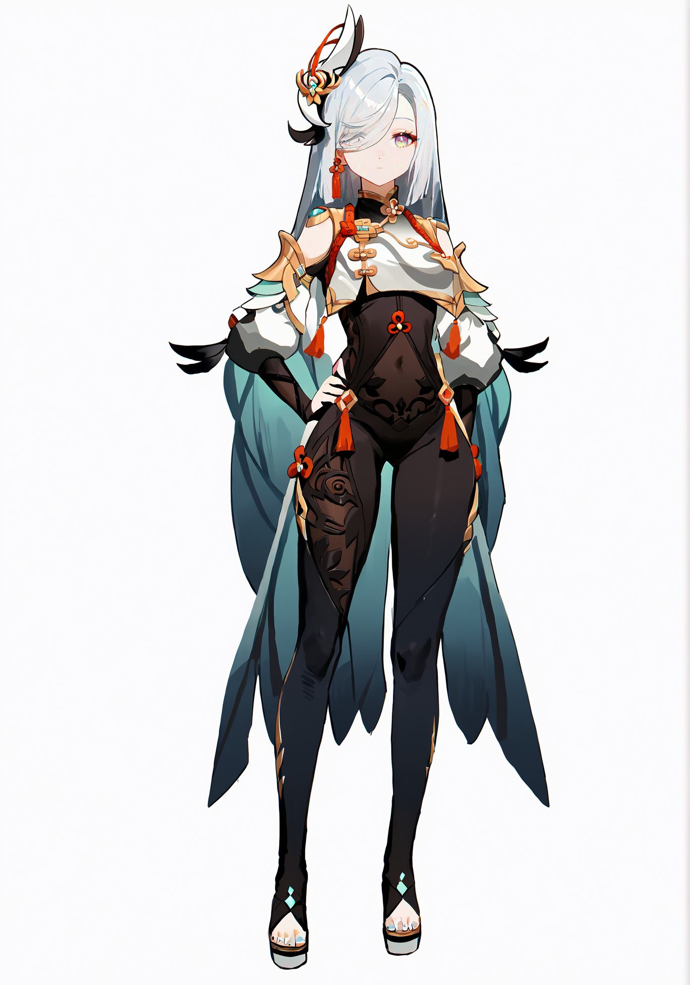 score_9, score_8_up, score_7_up, score_6_up, 8k, 
8k, best quality, masterpiece, (ultra-detailed:1.1), (high detailed skin), 
(full body), white background, standing, looking at viewer, (solo), hand on hip, 
<lora:ganshenxianre-pony-Tanger-000003:0.8>, shenhe \(genshin impact\), Shenhe's def clothes,1girl, long hair, hair over one eye,  hair ornament, bodysuit, 
(beautiful_face), ((intricate_detail)), clear face, 
((finely_detailed)), fine_fabric_emphasis, 
((glossy)), full_shot, <lora:agm-artist-richy-v1_pdxl:0.7>,