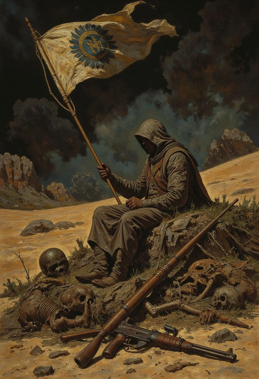A haunting image of a forgotten battlefield in Mid-World, with rusted firearms and skeletal remains partially buried under shifting sands. A faded banner flutters in the wind, the insignia of the Gunslingers barely discernible on the tattered cloth.