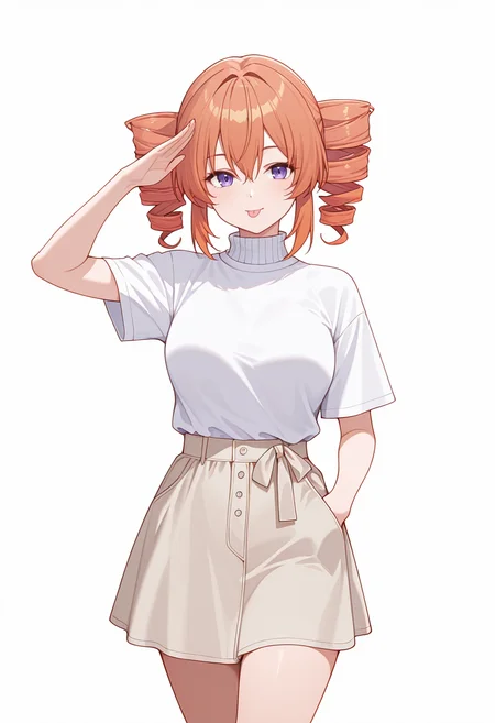 Smooth Quality,masterpiece,very intricate, high quality details, ultra realistic, high detailed skin,detailed enviorement,absurdres,
salute,
 <lora:Gertrude_Rainsworth_CNR_r2:0.8> gertrude_cnr, 1girl, orange hair, twin drills, purple eyes, hair between eyes, medium breasts,, simple background, white background, front view,
walking pose, one hand in pocket, head slightly turned, casual stride,,, :p,, turtleneck sweater, ,t-shirt, ,skirt,,