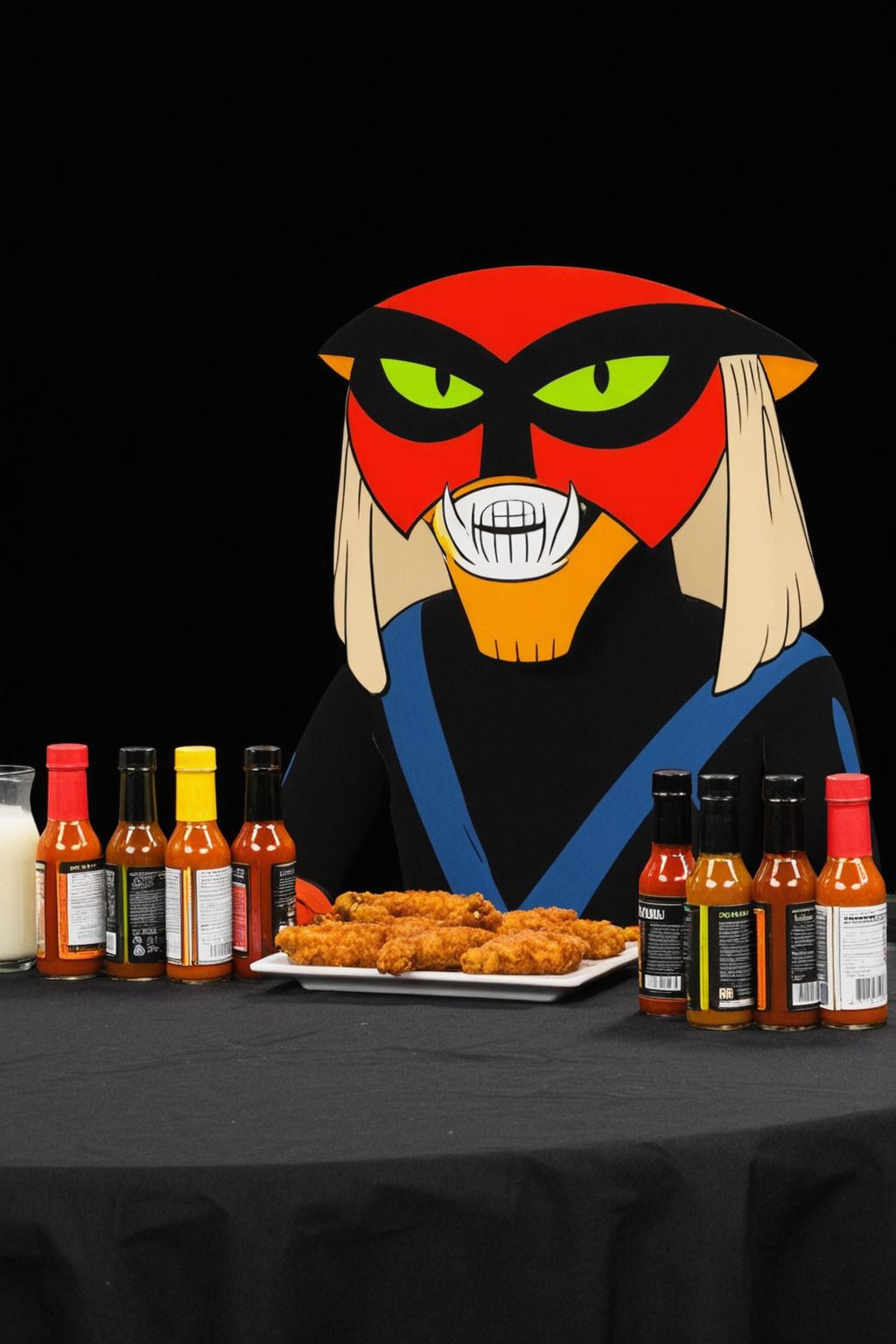 animation of Brak, black background, hotones, closeup, 1boy, solo, sitting, bottles of hot sauce, plate of hot wings on table, milk, holding hot wing, looking at someone, smiling