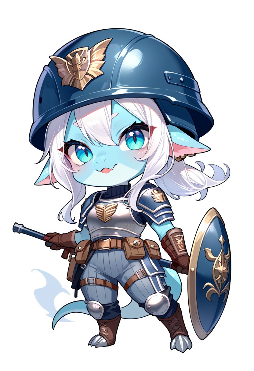score_9, score_8_up, score_7_up, source_cartoon, cute chibi kobold, chibi body, swat armor, combat gloves, swat helmet, holding riot_shield in front, looking at viewer,  SomSom Style