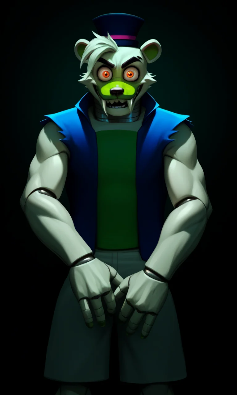 <lora:saucebear_ponyxl-10v1.1:1.7> score_9, score_8_up, score_7_up, BREAK, outdoor, solo, (source_furry), (saucebear), crazy smile, handsome crazy face, (large canines, sabertooth), deep blue hat, bear ears, glowing orange eyes, ((white fur:1.5, green color front chest, green fingers, four fingers on the each arms, gray neck, metallic neck:1)), (big eyes, big eye sockets), (wearing blue vest), detailed hat, male focus, detailed face, detailed ears, detailed hands, (detailed clothing), (wearing very tight white shorts), looking at viewer, zPDXL2
<lora:Pony_DetailV2.0:1> <lora:add-detail-xl:0.55> <lora:detailed_notrigger:0.35> <lora:ZoroJ:0.3> <lora:Kidde_Jukes:0.4> <lora:Chunie-Pony-XL-v6:0.3> EyeDetail-SDXL