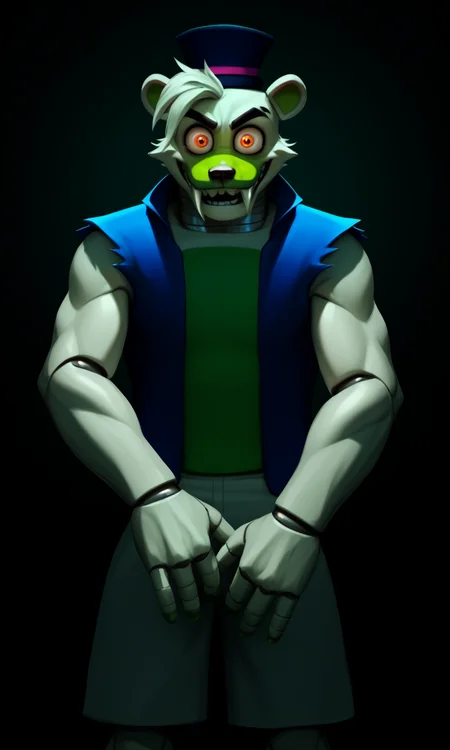 <lora:saucebear_ponyxl-10v1.1:1.7> score_9, score_8_up, score_7_up, BREAK, outdoor, solo,  (source_furry),  (saucebear), crazy smile, handsome crazy face, (large canines, sabertooth), deep blue hat, bear ears, glowing orange eyes, ((white fur:1.5, green color front chest, green fingers, four fingers on the each arms, gray neck, metallic neck:1)), (big eyes, big eye sockets),  (wearing blue vest), detailed hat, male focus, detailed face, detailed ears, detailed hands, (detailed clothing),  (wearing very tight white shorts), looking at viewer, zPDXL2
<lora:Pony_DetailV2.0:1> <lora:add-detail-xl:0.55> <lora:detailed_notrigger:0.35> <lora:ZoroJ:0.3> <lora:Kidde_Jukes:0.4> <lora:Chunie-Pony-XL-v6:0.3> EyeDetail-SDXL