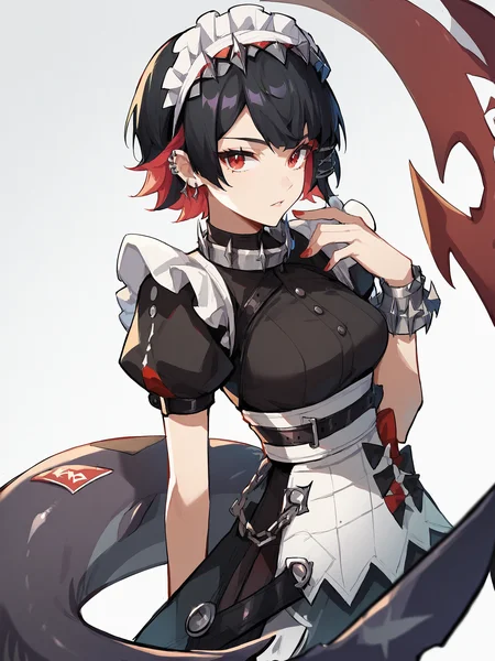 <lora:XL_ellen joe(pony):1>,ellen joe girl,ailianqiao costume,1girl,solo,black hair,multicolored hair,red eyes,short hair,headdress,earrings,piercing,shark tail,, score_9,score_8_up,score_7_up, source_anime,