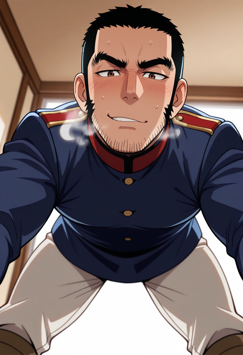 score_9, score_8_up, score_7_up, score_6_up, perfect anatomy, perfect proportions, best quality, masterpiece, high_resolution, high quality, highres, bara, 1boy, solo focus, solo, mature, masculine, manly, hunk, virile, handsome, charming, alluring, source_anime, anime coloringupper body, dutch angle, cowboy shot, BREAK Genjirou Tanigaki, GKGenjirou, black hair, short hair, buzzcut, dark brown eyes, thick eyebrows, long sideburns, facial hair, chinstrap stubble, jawline stubble, Imperial Japanese Army uniform 1886 version, dark blue tunic jacket, white puttees, brown boots, erotic, kinky, lewd, heavy breathing, steamy, nervous, seductive, on top of viewer focus, legs apart, leaning forward, expressive face, looking down at viewer, bend over, from below, dynamic angle, foreshortening, pov, atmospheric perspective, depth of field, newest, seductive_pose, 