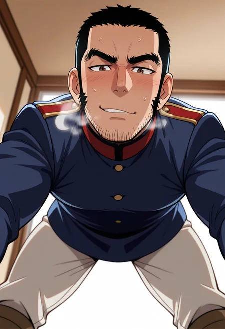 score_9, score_8_up, score_7_up, score_6_up, perfect anatomy, perfect proportions, best quality, masterpiece, high_resolution, high quality, highres, bara, 1boy, solo focus, solo, mature, masculine, manly, hunk, virile, handsome, charming, alluring, source_anime, anime coloringupper body, dutch angle, cowboy shot, BREAK Genjirou Tanigaki, GKGenjirou, black hair, short hair, buzzcut, dark brown eyes, thick eyebrows, long sideburns, facial hair, chinstrap stubble, jawline stubble, Imperial Japanese Army uniform 1886 version, dark blue tunic jacket, white puttees, brown boots, erotic, kinky, lewd, heavy breathing, steamy, nervous, seductive, on top of viewer focus, legs apart, leaning forward, expressive face, looking down at viewer, bend over, from below, dynamic angle, foreshortening, pov, atmospheric perspective, depth of field, newest, seductive_pose,
