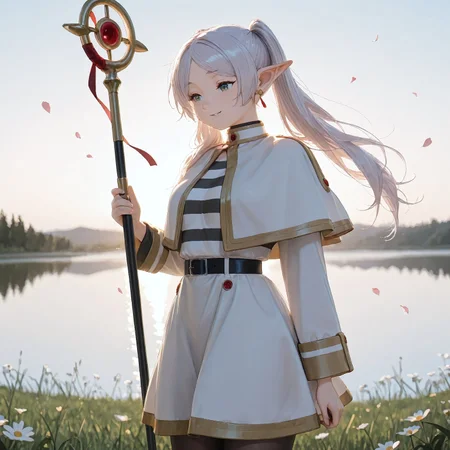 masterpiece,best quality,amazing quality,solo, 1girl, grey hair, long hair, green eyes, twintails, parted bangs, earrings, pointy ears,FrierenCasual, striped shirt, white capelet, black belt, white skirt, long sleeves, black pantyhose,cute,field,lake on background,flower petals,wind,holding staff,gentle smile,volumetric lighting,ovstyle