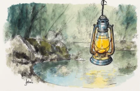 Sharp image of a rough sketch, rendered in vibrant multi colour ballpoint pen, capturing the adorable features of an old-fashioned kerosei lantern hanging from a string in a stream. The lantern is made of metal and has a handle on top for easy carrying. The flame of the lantern is burning brightly, illuminating the surrounding area. The background is blurred, but it appears to be a wooded area with rocks and trees. The overall mood of the image is peaceful and serene.  p3nsk, <lora:p3nsk:1>