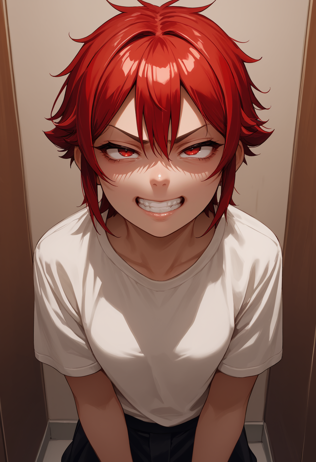 score_9, score_8_up,score_7_up, source_anime, 1girl, solo, <lora:aizwtm_pdxl_EliPot:1>, aizawatomo, red hair, short hair, red eyes, tomboy,
 angry, v-shaped eyebrows, gesugao, evil grin,  half-closed eyes, fitting room,  dressing room,