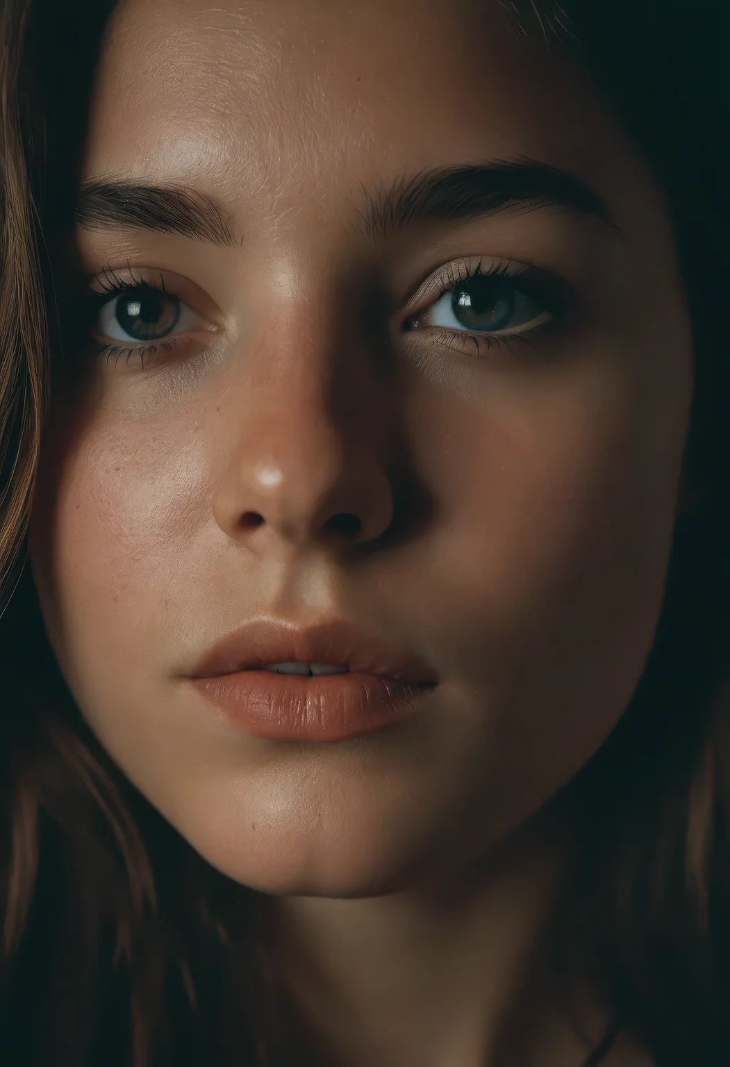 realistic close-up of a young woman, (editorial style portrait), in a moody, dimly-lit study, POV composition, (detailed skin texture), rich analog tones, film stock kodak portra 400 and cinestill 800, f1.6 lens on nikon d850, hyperreal, natural lighting, soft shadows, vintage warmth