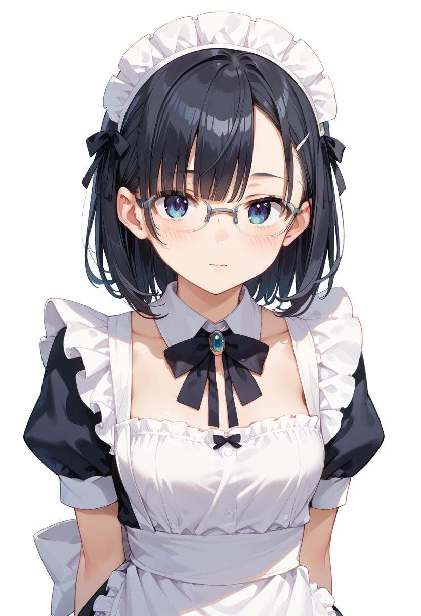 score_9, score_8_up, score_7_up, rating_safe, masterpiece, best quality, absurdres, unity 8k wallpaper, official art, official style, source_anime, uncensored, game cg, megami magazine,
1girl, solo, black hair, medium hair, upper body, covered eyes,maid, maid headdress, black dress, maid apron, face focus,
halfrim22A,  still life, white background, simple background, grey-framed eyewear,
 <lora:glasses_halfrim22A_PONY_V1:1>