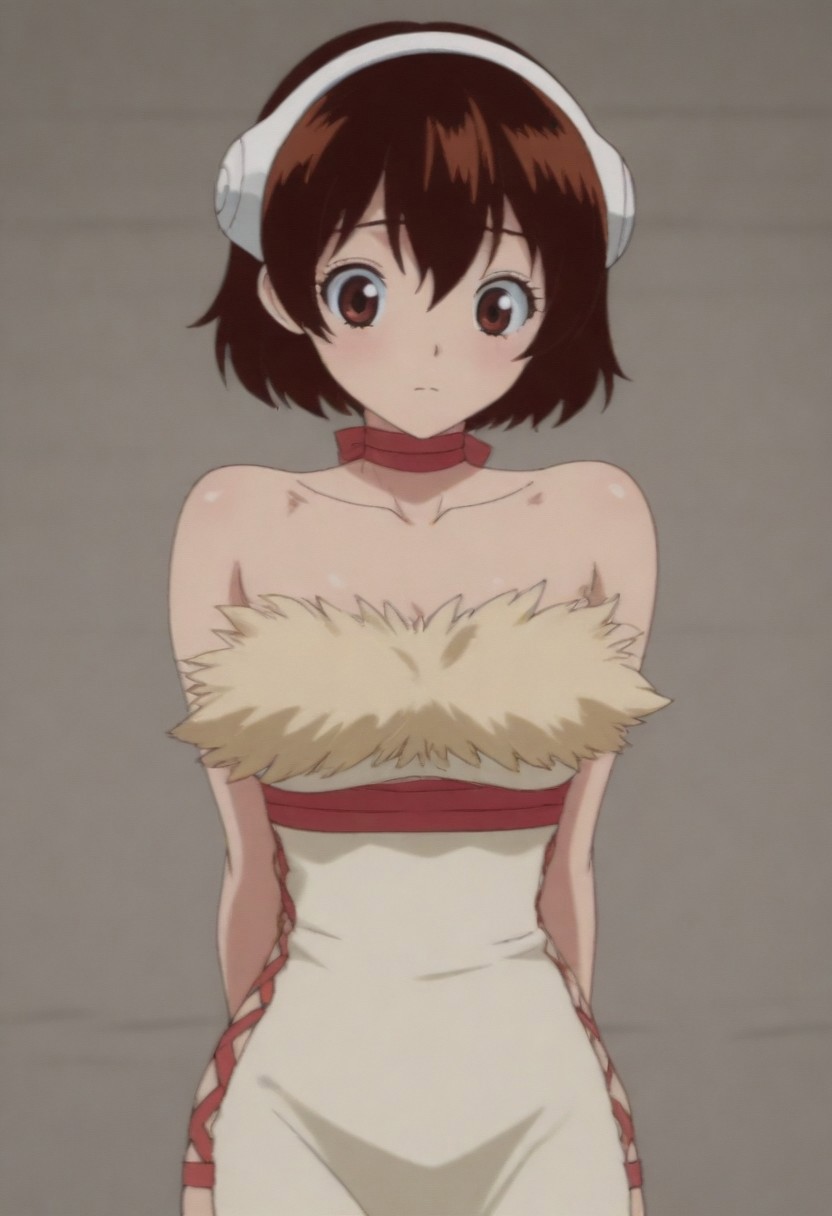 masterpiece, best quality, amazing quality,,, shiny skin,,,,,,, aayuzuriha, brown eyes, brown hair, short hair, white headband, red choker, white dress, bare shoulders, strapless dress, side slit dress, collarbone, fur trim,