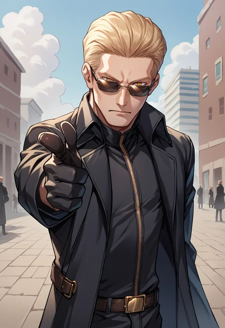 score_9, score_8_up, score_7_up, source_anime, 1boy, finger gun, pointing at viewer, <lora:Fingergun_XLPD:1>, upper body, <lora:albertwesker-guy-PONYv1:1> albertwesker, black gloves, sunglasses, belt, long coat, trench coat, black coat, outdoors,