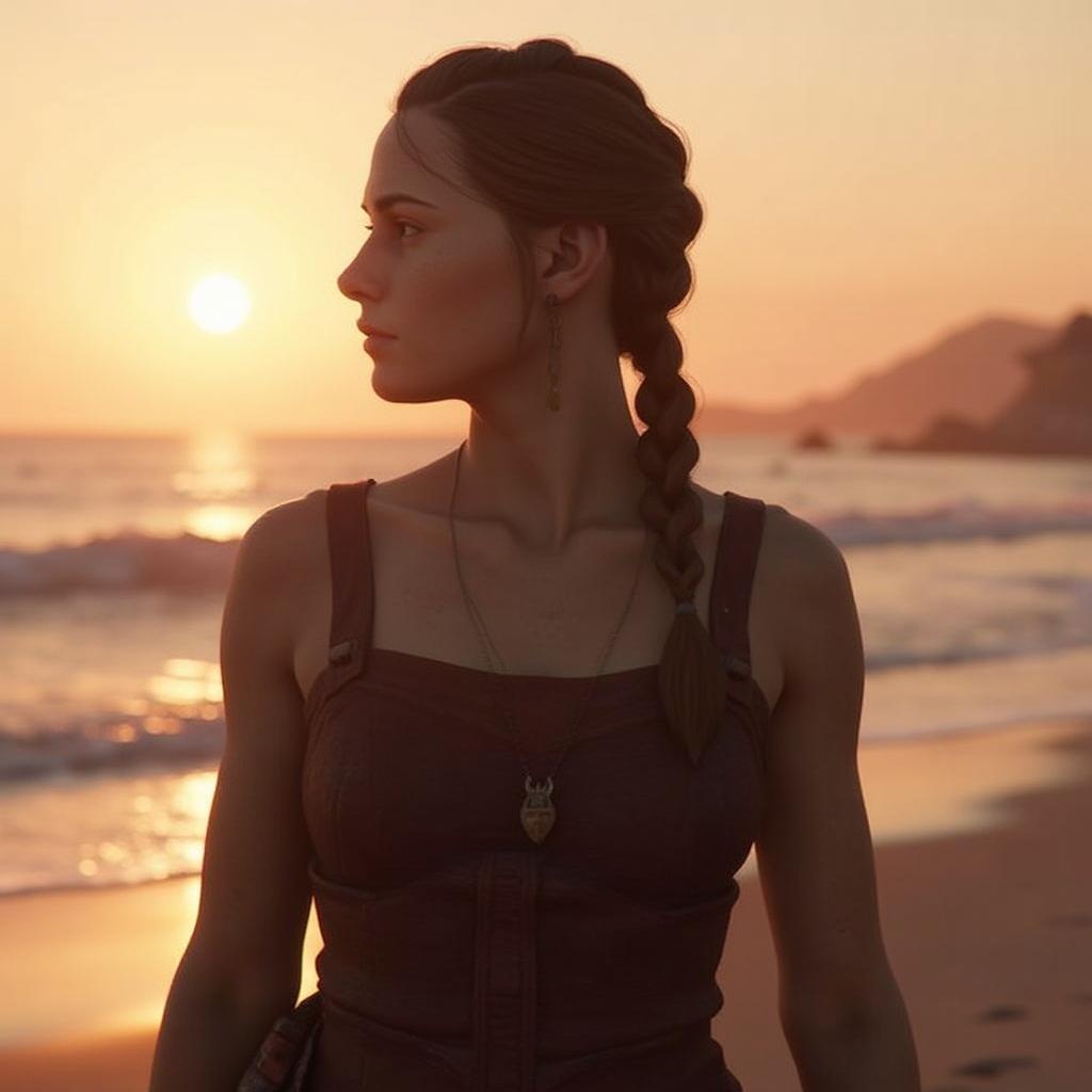 <lora:amicia-de-rune:1>amicia de rune, Amicia de Rune, in summer attire, on a beach at sunset, with gentle waves in the background, in a concept art style.