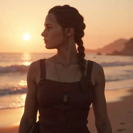 <lora:amicia-de-rune:1>amicia de rune, Amicia de Rune, in summer attire, on a beach at sunset, with gentle waves in the background, in a concept art style.