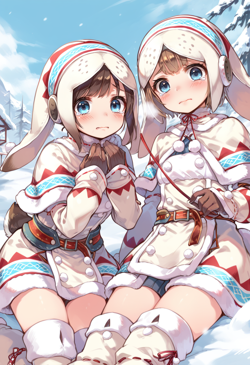 (score_9:0.9),score_8_up,score_7_up,rating_safe,anime style,(zPDXL),<lora:lagombi armor ponyXL v1:0.8>,lagombi armor,white hat,white gloves,white knee boots,blush,tail,snow,blue eyes,2girls,short hair,brown hair,multiple girls,tears,