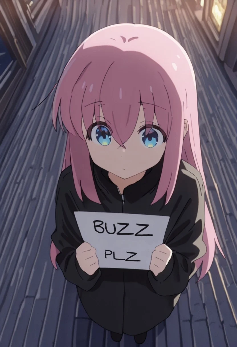 Masterpiece, ultra-detailed, best quality, 8K, illustration, absolutely eye-catching,hitori gotou
,cute,outdoor, On the roof of the building, night, black coat, above view, need_buzz, holding sign
masterpiece, best quality, amazing quality, very aesthetic, absurdres, newest,
