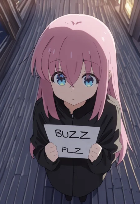 Masterpiece, ultra-detailed, best quality, 8K, illustration, absolutely eye-catching,hitori gotou
,cute,outdoor, On the roof of the building, night, black coat, above view, need_buzz, holding sign
masterpiece, best quality, amazing quality, very aesthetic, absurdres,  newest,