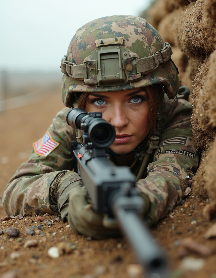 A female Marine sniper lies prone behind a sandbag bunker, her M40 rifle trained on an enemy position across no man's land. The camera is positioned from a high angle, capturing the intricate details of her uniform and equipment as well as the desolate landscape surrounding her. A subtle gradient effect enhances the contrast between light and dark, drawing attention to the subject's sharp features.