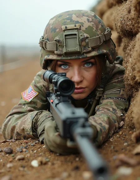 A female Marine sniper lies prone behind a sandbag bunker, her M40 rifle trained on an enemy position across no man's land. The camera is positioned from a high angle, capturing the intricate details of her uniform and equipment as well as the desolate landscape surrounding her. A subtle gradient effect enhances the contrast between light and dark, drawing attention to the subject's sharp features.