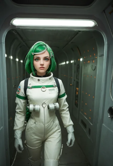 zPDXL2, (from back:0.9), (hip focus:0.9), depth of field, highly detailed,
medium shot, solo, sber-chan, green hair, streaked hair, green eyes, single braid, white bow, long hair, skin details,
looking at viewer, curious, (parted lips:0.8),
hairclip, bulky spacesuit, oxygen tanks, thick gloves, and heavy boots,
Nostromo-style spaceship interior with dim lighting, industrial metal walls, control panels, narrow corridors, exposed pipes, flickering screens, and a cold, eerie atmosphere,
<lora:add-detail-xl:1.5> <lora:Sber-chan:0.9>
