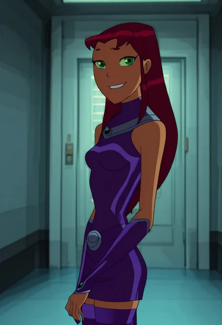 lazypos, masterpiece, best quality, amazing quality,detailed eyes, hi res, starfirett, 1girl, red hair, solo, long hair, green eyes, orange skin, armlet, gorget, crop top, midriff, purple skirt, green sclera, breasts, purple footwear, bracer, seductive, smirk, closed_mouth, looking at viewer, dynamic pose, indoors, hallway, elevator door,