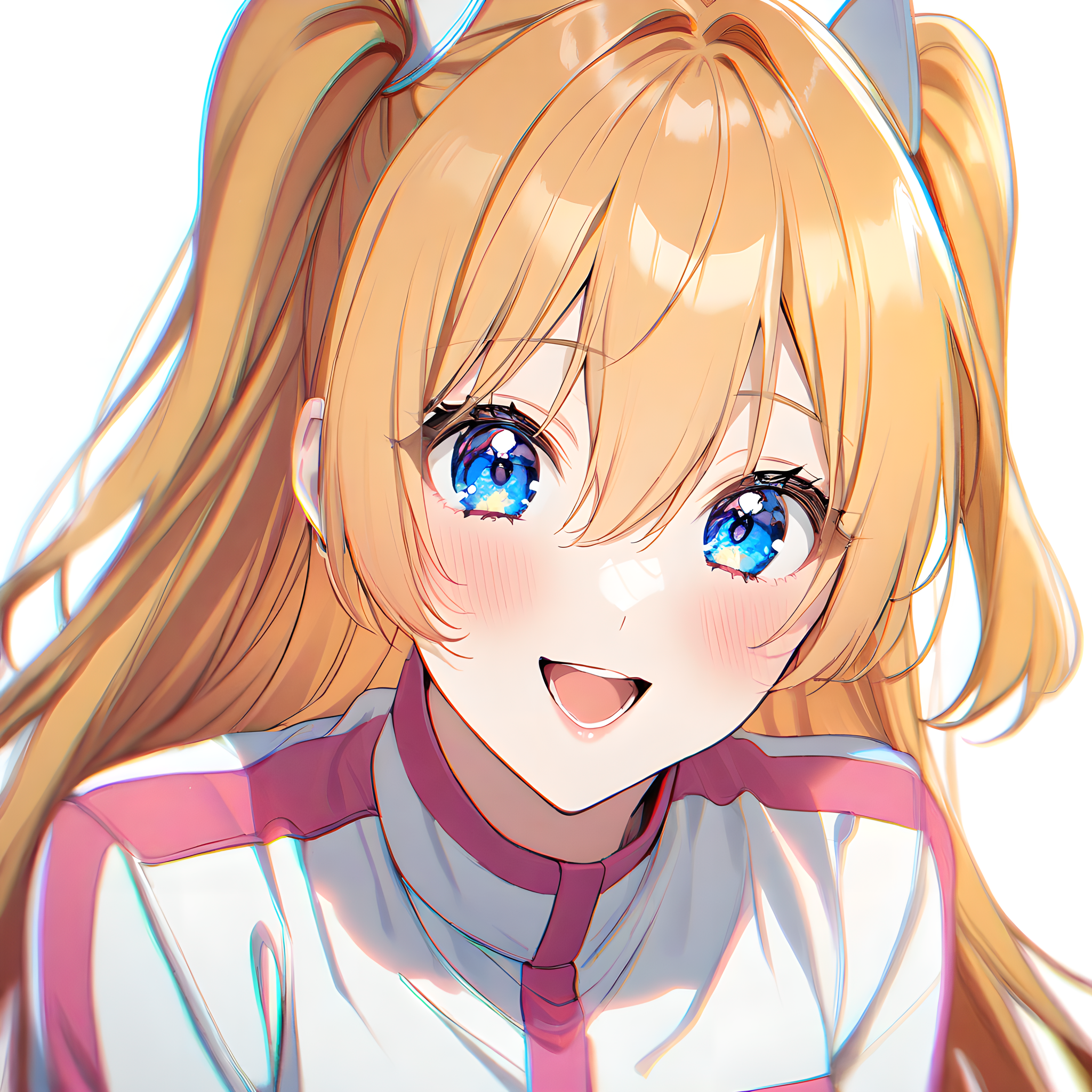 amano_ririsa, 1girl, solo, open mouth, smile, looking at viewer, blonde hair, blush, long hair, chromatic aberration, two side up, white background, blue eyes, bangs, hair between eyes, upper body, <lora:XL-AmanoRirisa:1>