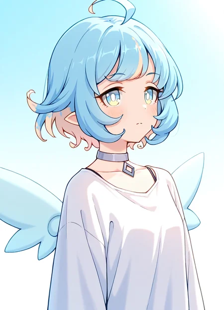 masterpiece, best quality, very aesthetic, absurdres, detailed, break, amy_(princess_connect), 1girl,short hair,blue hair,ahoge,multicolored hair,bangs,blue eyes,pointy ears,choker,wings,white dress