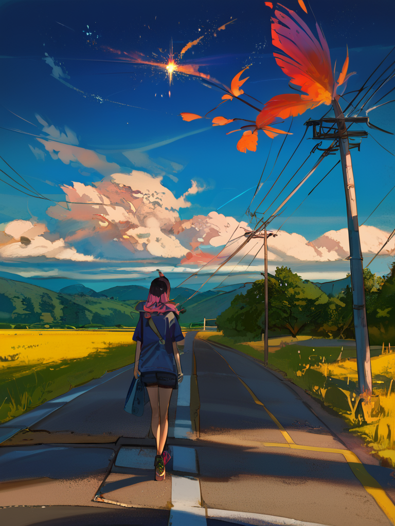 PDXL, <lora:KukkaV2:1>, kukk4, volumetric reflections, volumetric shadows, HDR, shot on Canon DSLR,
1girl, standing on a road, colorful tornado in the distance,  night sky, blue, viewed from behind