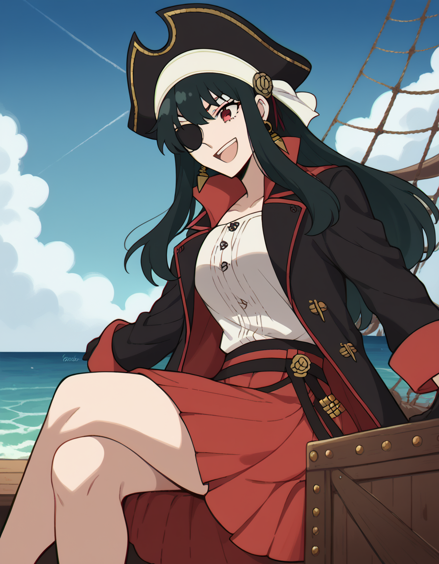 score_9, score_8_up, score_7_up, source_anime, yorbriar, <lora:yor-briar-s1-ponyxl-lora-nochekaiser:1>, yor briar, black hair, red eyes, earrings, white hairband, hairband, long hair, sidelocks, medium breasts,, <lora:pirate-costume-ponyxl-lora-nochekaiser:1>, pirate costume, pirate hat, skirt, gloves, jacket, shirt, eyepatch,, blue sky, sea, ocean, pirate ship, treasure, gold, smug, open mouth, from below, sitting,, cowboy shot