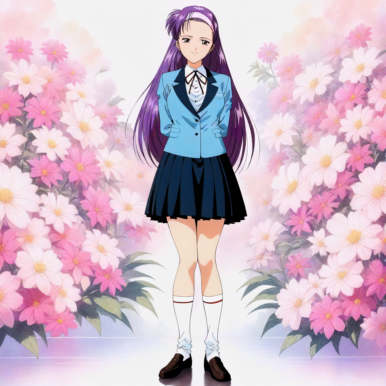 <lora:ZSBGP0_saionji_reikoXLanimagine002>,
masterpiece,high score,great score,absurdres,
flower background,glitter,
smile,
looking at viewer,
solo,
anime coloring,1990s \(style\),
saionji_reiko\(zenkoku_seifuku_bishoujo_grand_prix\),1girl,purple hair,long hair,hairband,forehead,brown eyes,
blue blazer,neck ribbon,
black skirt,pleated_skirt,
socks,loafers,
full body,
standing,