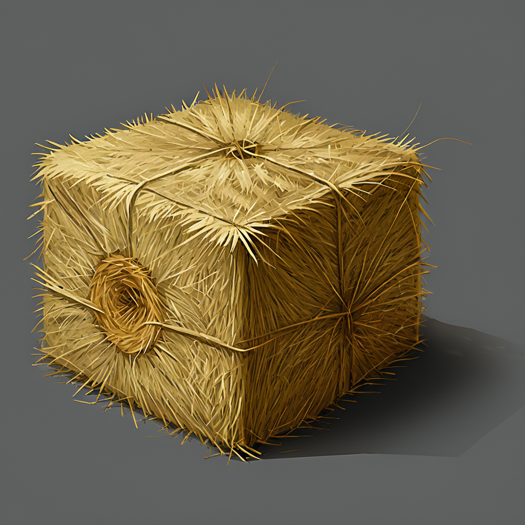 made of hay, grey background, 1cube, realistic, cast shadow, made of hay, solo, simple background, no humans <lora:materials_and_textures_sphere_orb_SDXL:1>
