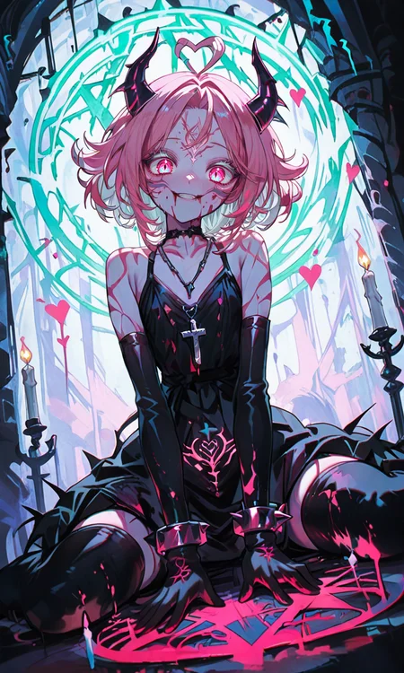 masterpiece,best quality,absurdres,very aesthetic,very awa,highres,newest,year 2024,year 2023,<lora:NLSTN-IL_1412568:1>,nlstn,glowing,dark,<lora:illustrious_quality_modifiers_masterpieces_v1_956369:0.7>,<lora:ponyv4_noob1_2_adamW-000017:0.7>,<lora:spo_sdxl_10ep_4k-data_lora_webui:0.6>,<lora:add-detail-xl:0.9>,<lora:KonyaKarasue-000008:0.4>,<lora:Isha_Illus_XL_1131795:0.6>,ishaILXL,heart ahoge,pink eyes,skinny,multicolored hair,white hair,pink hair,24 yo,24 year old girl,white eyelashes,dynamic background,detailed,womb tattoo,dynamic_angle,flat chest,looking at viewer,facial mark,
horns,1girl,jewelry,solo,bracelet,thighhighs,candle,red eyes,sitting,wariza,colored skin,gloves,looking at viewer,smile,blood,spikes,elbow gloves,magic circle,dress,black thighhighs,pentagram,necklace,glowing,bare shoulders,short hair,cross,black dress,