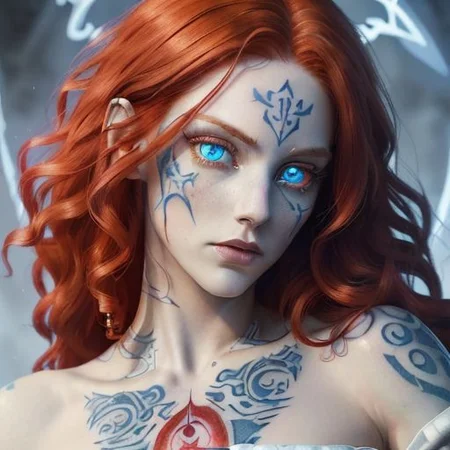 bright red hair, human female, (feminine:1.7), (beautiful face, detailed face:1.6), (beautiful eyes, detailed eyes:1.7), (looking at viewer, eye contact, intense:1.6), (long hair, red hair, curly hair:1.3), , ((masterpiece, best quality, high resolution, realistic, best quality,)), photo realistic, Perfect Face, (detailed face). <lora:GoodHands-vanilla:0.6> <lora:add-detail-xl:0.8>, mage, (Dress White military uniform coat), dagger, rune dagger, glowing runes, , (((glowing magic symbols tattoos, religious tattoos))), ((face tattoos)), glowing tattoos, stone tower in the background
