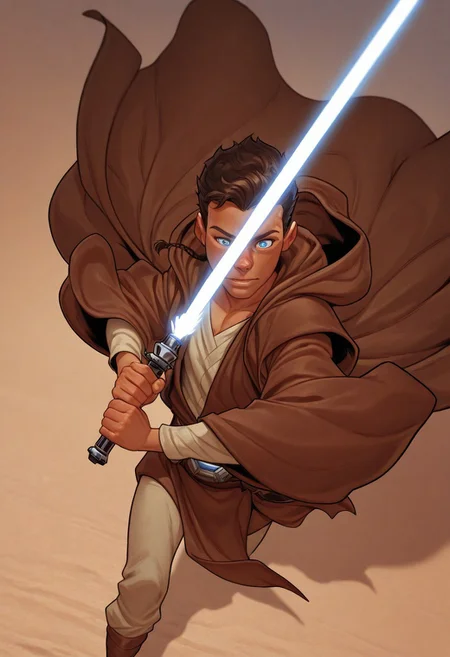 masterpiece, absurdres, high quality, perfect anatomy, 1boy, solo, cute boy, male focus, jedi robe, Caleb Dume, Brown Hair, Padawan Braid, Blue Eyes, Brown Robe, Brown Tunic, Tan Shirt, Belt, Tan Pants, holding a lightsaber, blue lightsaber, cinematic, intricately detailed illustration, depth of field, masterpiece, best quality, amazing quality, very aesthetic, absurdres, newest, very awa,  shadow, dynamic angle, casual cosplay, skinny, toned, dynamic pose,