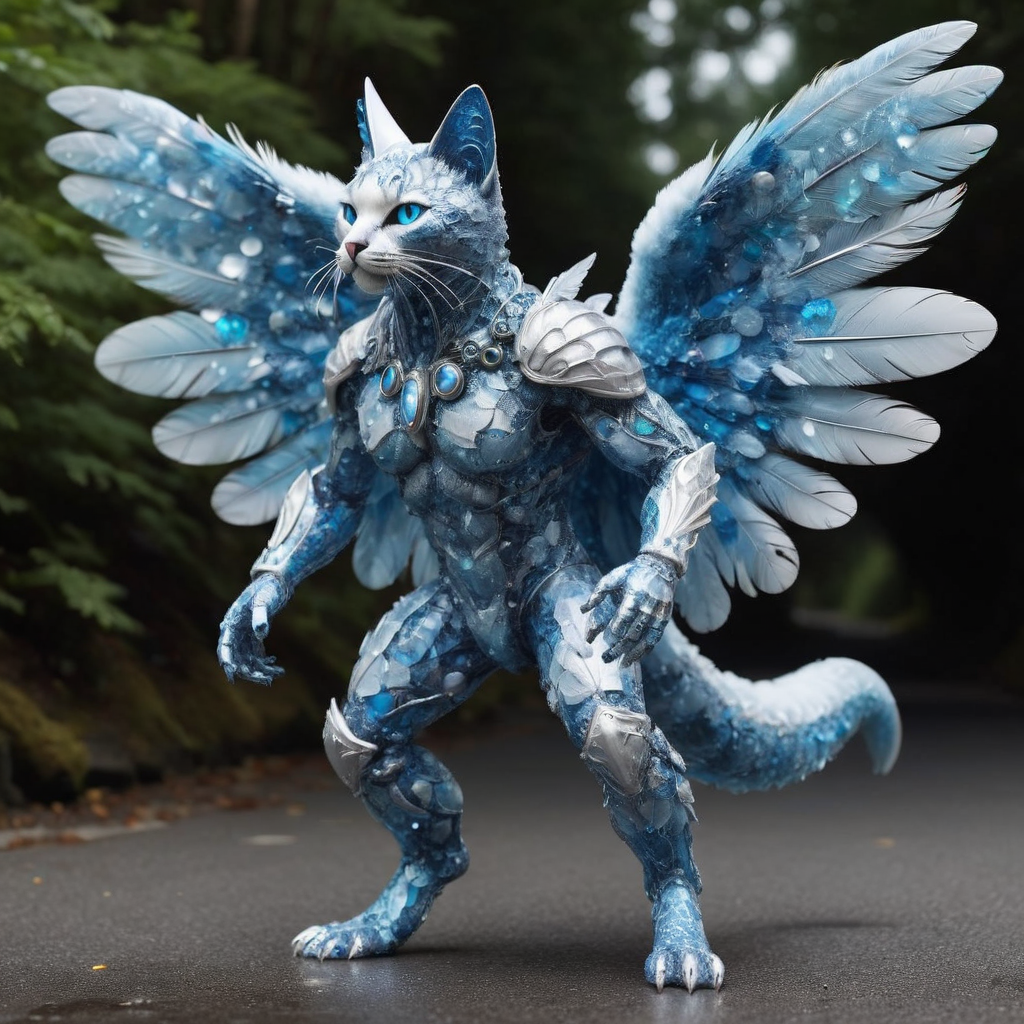 volcano, fjord,pedestrian-friendly zone,alley cat BREAK <lora:bgst:0.5>bgst  medium camouflaged chitinous organic aquatic existence,  webbed appendages,  prehensile-tailed, icy scales,  furry ears,  icarus wings (enchanted wings made from wax and feathers),