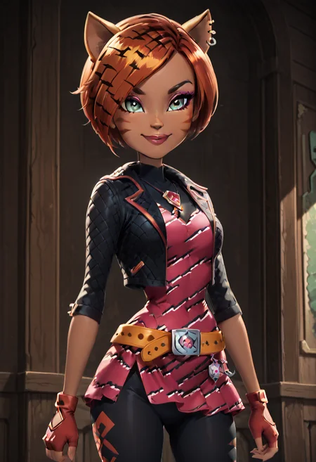 masterpiece, best quality, solo, curvy, beautiful eyes, narrow waist, wide hips, 1girl, solo, smile, looking at viewer, foreshortening, close up, anime screenshot, ,<lora:ToraleiMH_IXL:1.0>, zzToralei, green eyes, cat ears, tiger ears, hair over one eye, brown hair, multicolored hair, orange hair, red hair, short hair, whisker markings, facial mark, makeup, gloves, jewelry, jacket, fingerless gloves, piercing, earrings, animal print, ear piercing, pink dress, black pants, C0utur3Cr4z3, <lora:CoutureCraze_IXL:0.5>,, smile, looking at viewer, zzHyp3r, upper body, backlighting, <lora:HyperHighlight_IXL:0.8>,