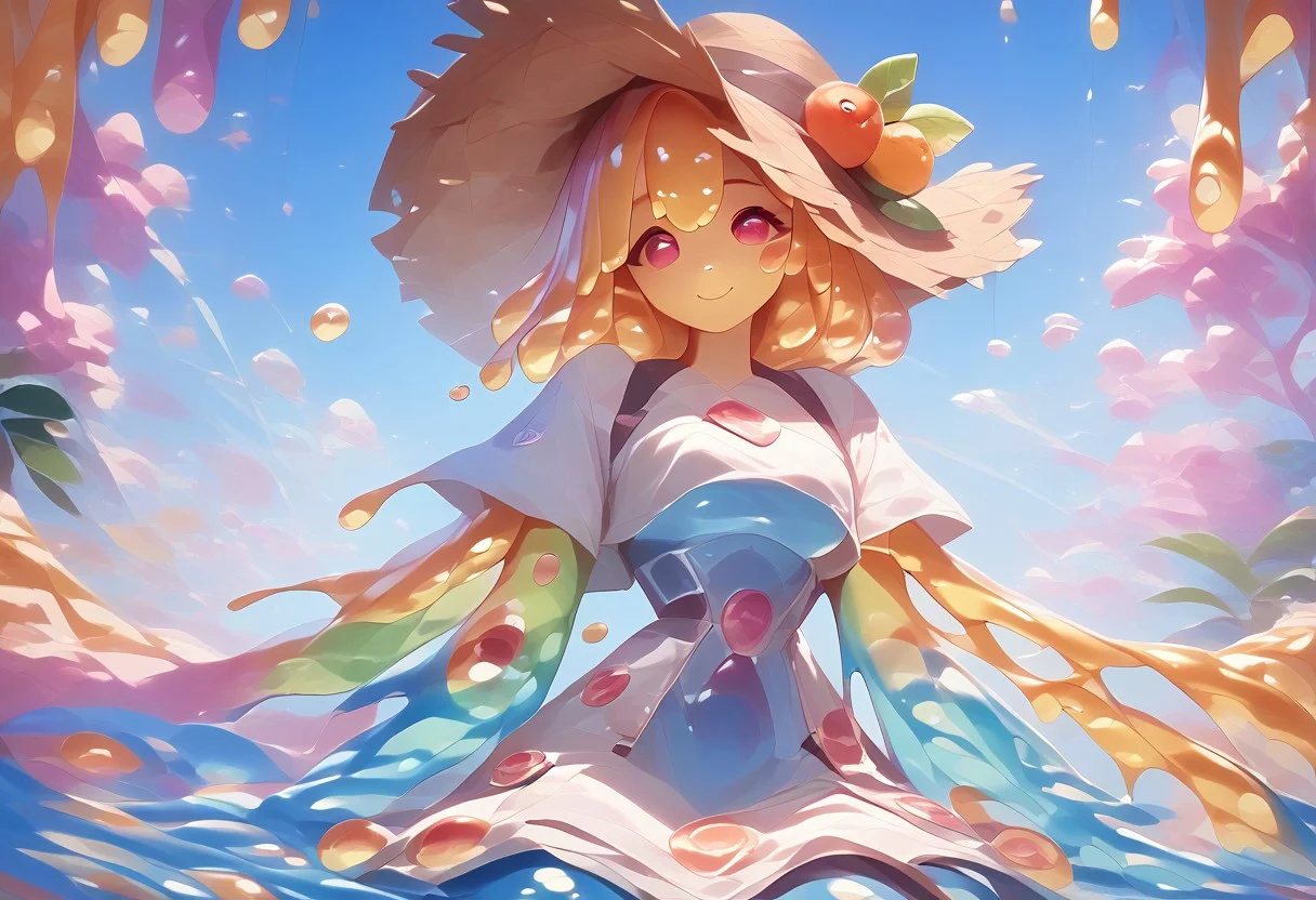 score_9, score_8_up, score_9_up, score_7_up, high quality, masterpiece, highly detailed, solo, (((colorful slime women))), medium breasts, exotic dress, Slime core, cute pose, happy expression, fruit trees, straw hat, viewed from a distance, colorful fruit